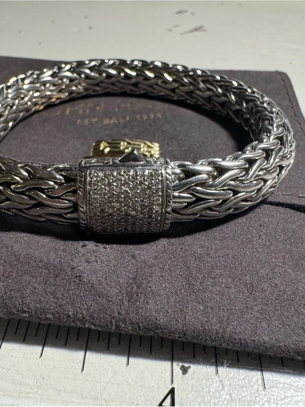 John Hardy Silver Braided Bracelet with Pavé Clasp